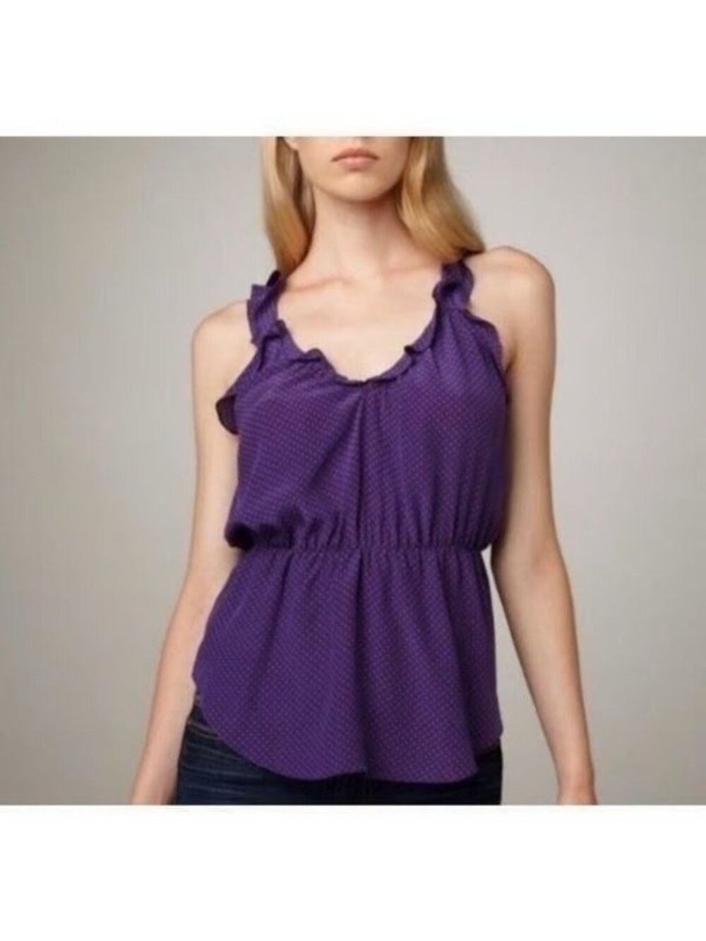 Rebecca Taylor Size 4 Purple Pink 100% Silk Sleeveless Ruffle Polka Dot Shirt